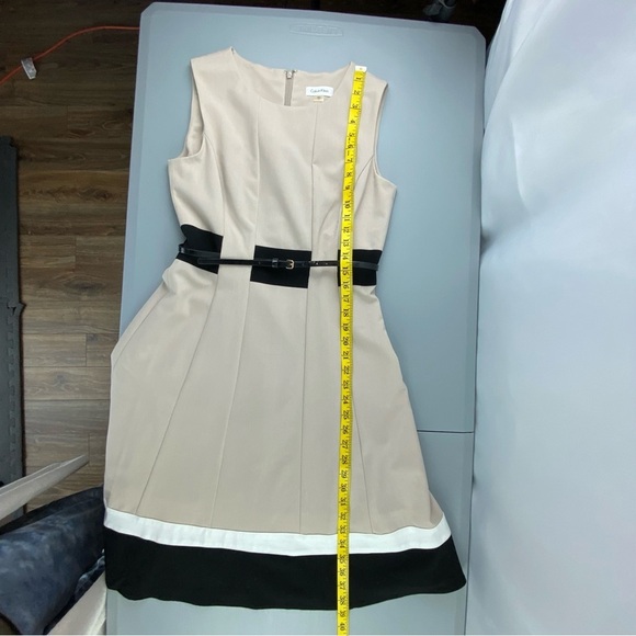 Calvin Klein tan a-line dress with black & white striped detail wms sz 4 - Picture 9 of 10
